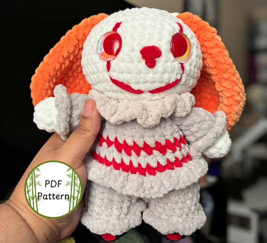 NO SEW Clown Bunny crochet pattern, Bunnywise Halloween Crochet plushie