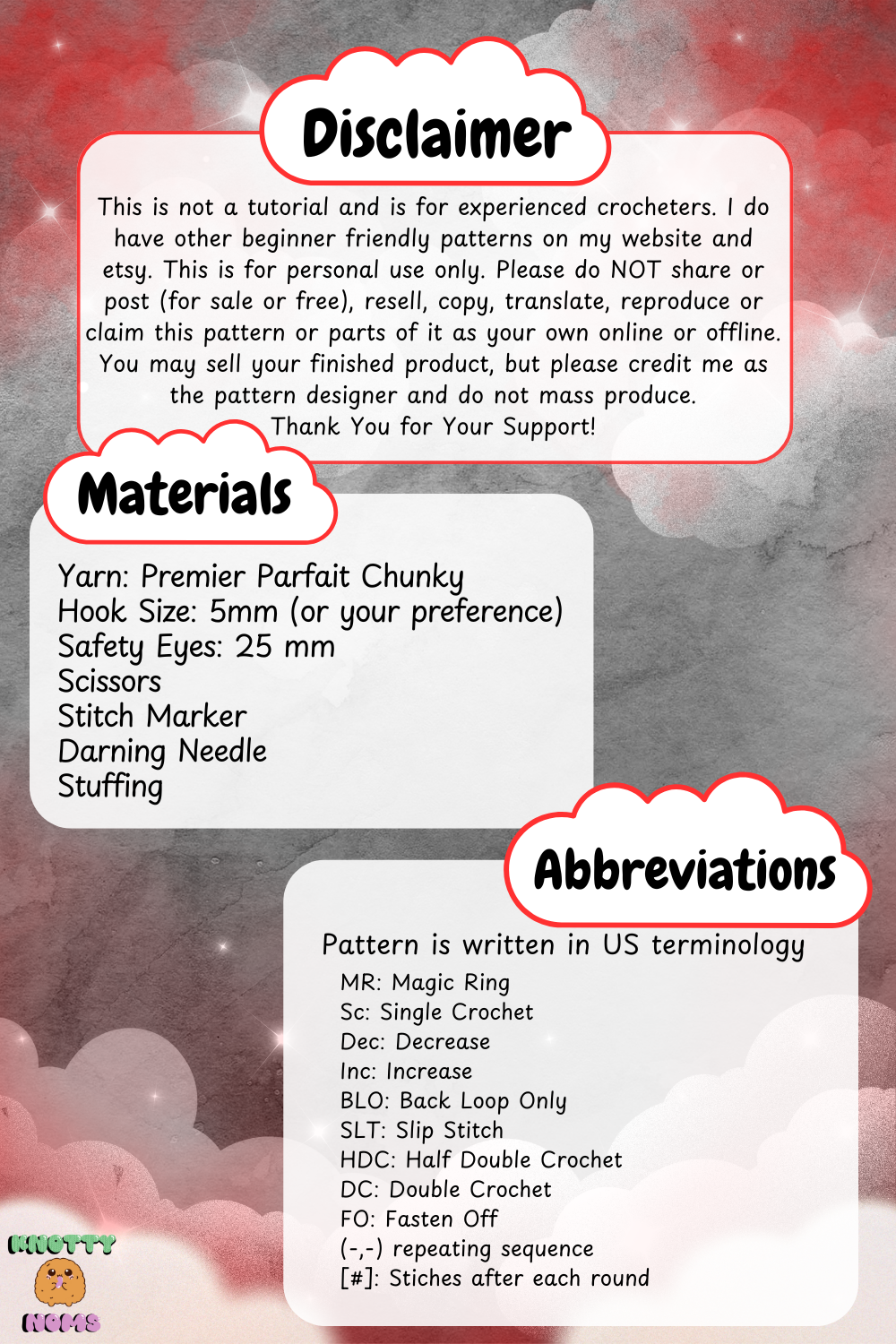 Crochet pattern information sheet with materials list, hook size, safety eyes, and abbreviations use in NO SEW Halloween Clown Bunny crochet plushie pattern