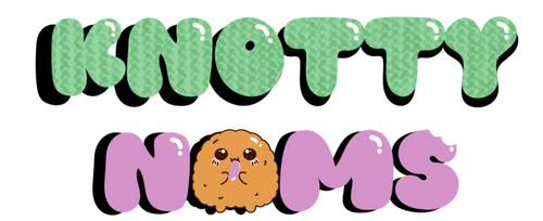 Logo of 'Knotty Noms' with colorful text and a cartoon character on a white background