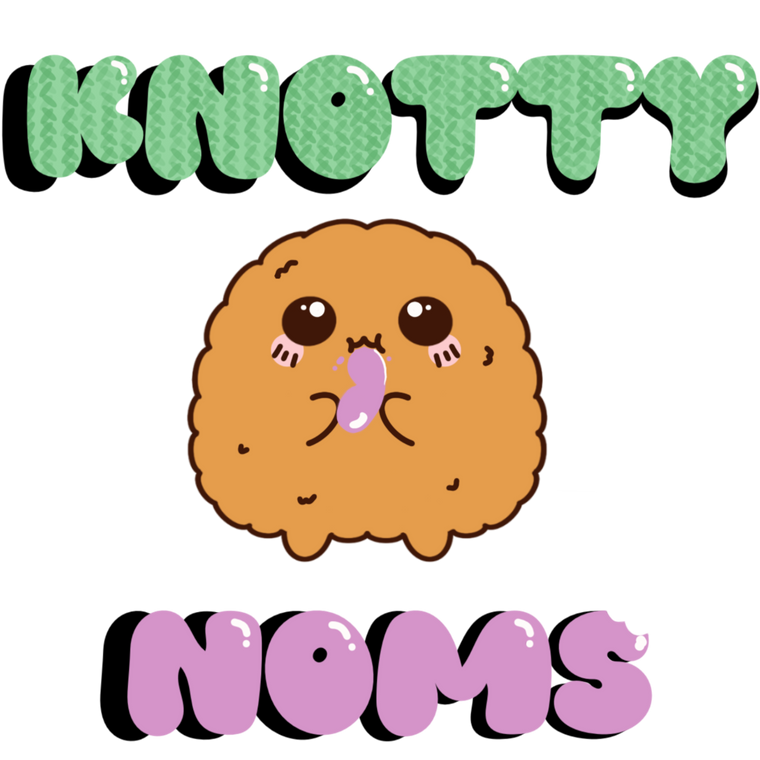 Cartoon Nugget with 'Knotty Noms' text on a white background